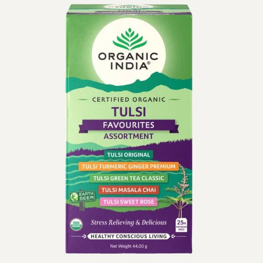 Organic India Tulsi Favourites Assortment – 5 Popular Herbal Tulsi Teas (25 Tea Bags) image 0