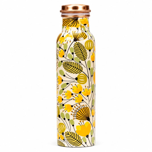 Copper Water Bottle Yellow Floral Print - 950 ml